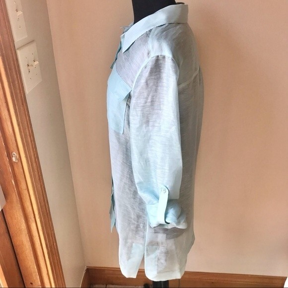 Linen Silk Tunic Top Light Blue Blouse Long Sleeve Button Up Shirt Vacation - Picture 6 of 10